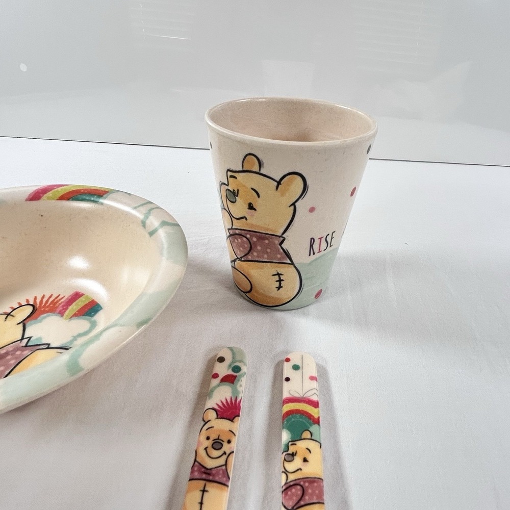 Disney Winnie the Pooh Toddler Dinnerware Bowl Cup Fork Spoon Rise And Shine - Picture 5 of 9
